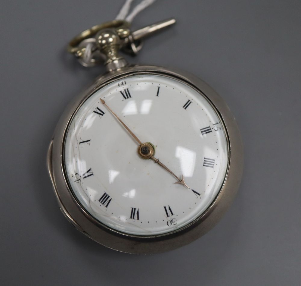 A George III silver pair cased keywind verge pocket watch by Isaac Lyons, Ramsgate, with Roman dial, the signed movement numbered 1802